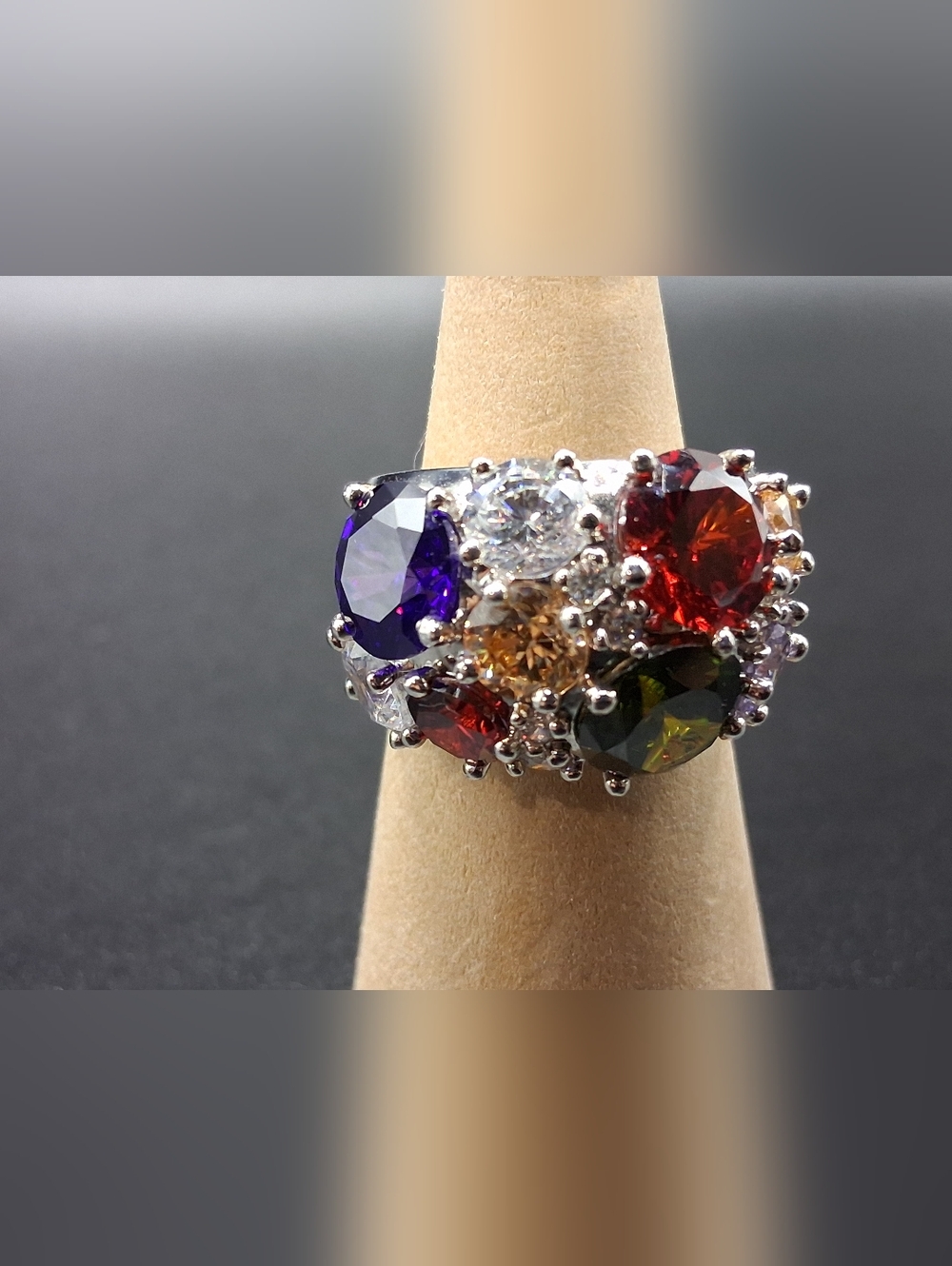 Elegant Multicolor Costume Silvertone Gemstone Statement Ring
